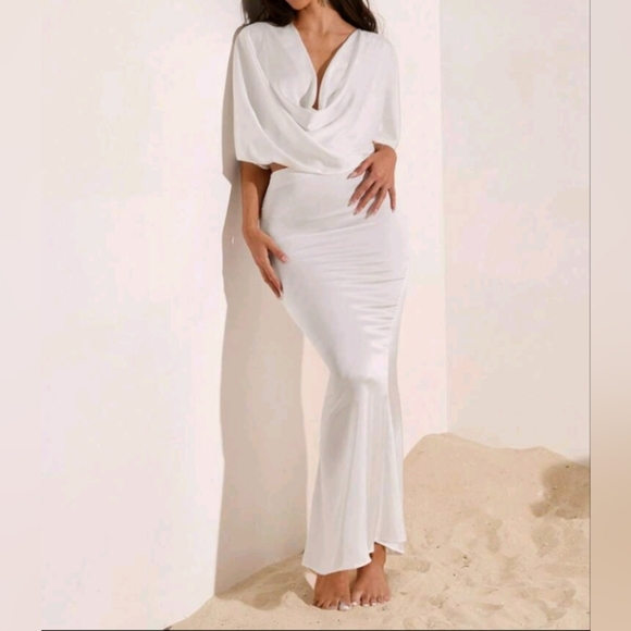 Women's Elegant Solid Color Draped Neck Top And Skirt 2 Pieces Set, Summer,Vacat - Picture 6 of 6